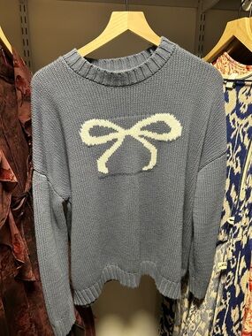 Sincerely Jules Blue Crewneck Sweater with Cream Bow